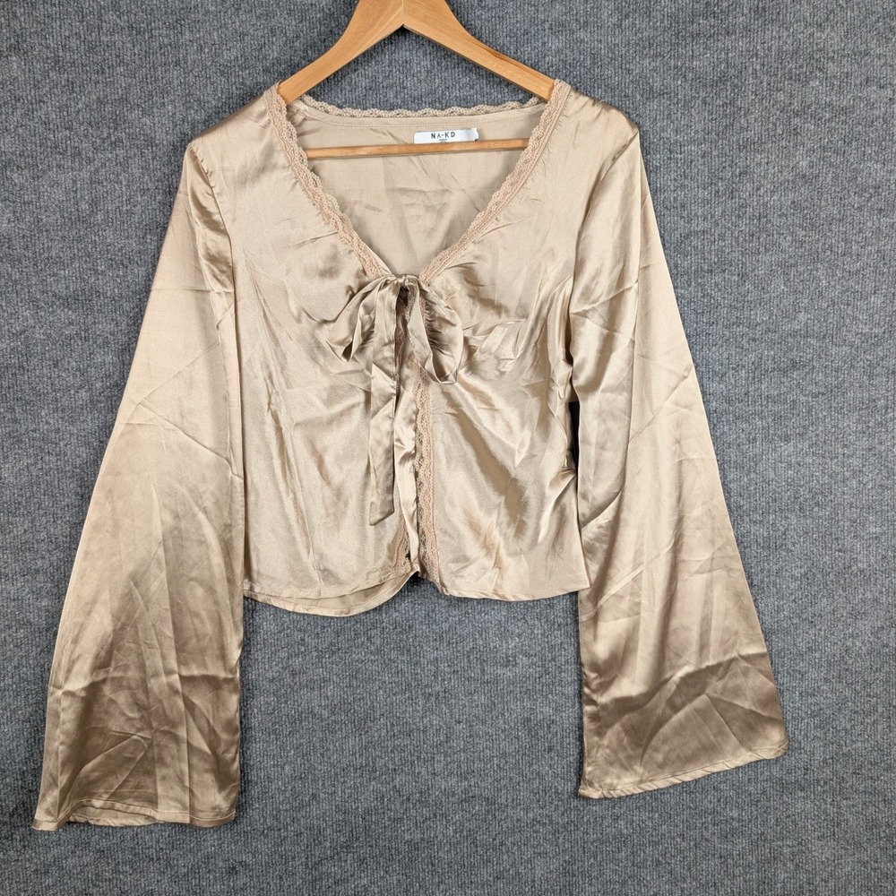 NA-KD Lace Detail Tie Front Blouse Champagne Beige Satin Bell Sleeve Top S NEW